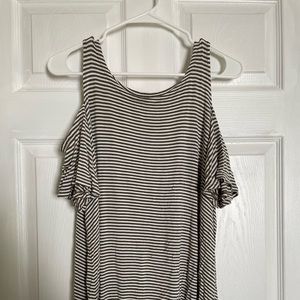 Green and white striped open-shoulder tunic top